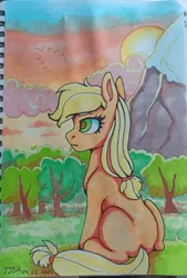 Size: 1104x1637 | Tagged: safe, artist:jjsh, derpibooru import, applejack, earth pony, pony, cloud, female, forest, g4, grass, image, jpeg, looking away, looking forward, mare, marker drawing, mountain, nature, sitting, snow, sun, sunset, traditional art, tree