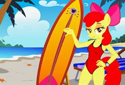 Size: 1216x832 | Tagged: safe, ai content, machine learning generated, stable diffusion, apple bloom, anthro, earth pony, baywatch, beach, busty apple bloom, flirty, hand on hip, jpeg, lawn chair, one-piece swimsuit, palm tree, seductive pose, sexy, smiling, solo, standing, sunbathing, surfboard