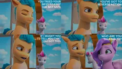 Size: 2000x1125 | Tagged: safe, derpibooru import, edit, edited screencap, editor:quoterific, screencap, hitch trailblazer, pipp petals, zipp storm, g5, my little pony: make your mark, my little pony: make your mark chapter 2, growing pains, image, png