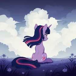 Size: 1536x1536 | Tagged: safe, ai content, derpibooru import, generator:autismmixconfetti, machine learning generated, twilight sparkle, pony, unicorn, cloud, facing away, female, flower, g4, grass, horn, image, jpeg, limited palette, looking away, mare, prompter:siber, rear view, sitting, sky, solo, wind, windswept mane