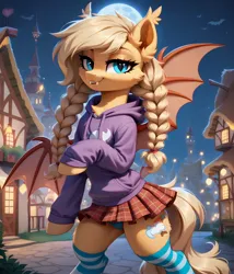 Size: 3104x3624 | Tagged: safe, ai content, derpibooru import, machine learning generated, prompter:midnightdashie, stable diffusion, oc, unofficial characters only, bat pony, bat pony oc, bat wings, bipedal, blue eyes, braid, chest fluff, clothes, ear fluff, fangs, generator:pony diffusion v6 xl, hoodie, image, jpeg, looking at you, moon, night, panties, ponyville, skirt, smiling, smiling at you, socks, striped socks, underwear, wings