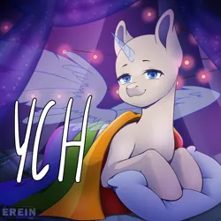 Size: 2000x2000 | Tagged: safe, artist:erein, derpibooru import, advertisement, any gender, any race, any species, bedroom, commission, ears up, flag, garland, gay pride flag, high res, horn, image, indoors, jpeg, lgbt, looking at you, night, pillow, pride, pride flag, pride month, room, smiling, smiling at you, solo, string lights, wings, ych example, ych sketch, your character here