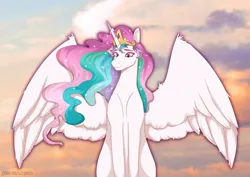 Size: 4093x2894 | Tagged: safe, artist:jjsh, derpibooru import, princess celestia, alicorn, pony, female, fluffy, g4, high res, image, long mane, mare, multicolored mane, png, sky, smiling, solo, spread wings, sunrise, white fur, wings