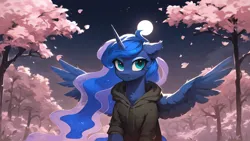 Size: 2560x1440 | Tagged: safe, ai content, derpibooru import, machine learning generated, prompter:liladash, stable diffusion, princess luna, alicorn, pony, cherry blossoms, chest fluff, clothes, ear fluff, flower, flower blossom, full moon, g4, generator:pony diffusion v6 xl, hoodie, horn, image, moon, night, one ear down, png, solo, spread wings, wallpaper, wing fluff, wings