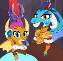 Size: 800x785 | Tagged: safe, artist:queencold, derpibooru import, princess ember, smolder, dragon, clothes, crown, dragon lord ember, dragoness, dress, female, flower, g4, gem, image, jewelry, png, regalia, smolder also dresses in style