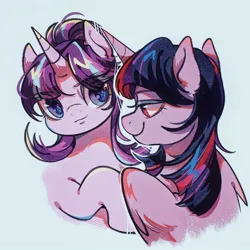 Size: 1600x1600 | Tagged: safe, artist:tkotu434, derpibooru import, starlight glimmer, twilight sparkle, twilight sparkle (alicorn), alicorn, pony, unicorn, cute, duo, female, fluffy, g4, hoof hold, horn, image, jpeg, lesbian, looking at you, ship:twistarlight, shipping, simple background, stare, white background