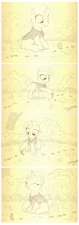 Size: 759x2148 | Tagged: safe, artist:sherwoodwhisper, derpibooru import, oc, oc:eri, ant, insect, pony, unicorn, comic:antlantis, blank flank, cape, clothes, comic, female, filly, foal, horn, image, jpeg, monochrome, photo, scout, solo, younger