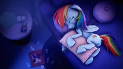 Size: 3840x2160 | Tagged: safe, artist:psfmer, derpibooru import, rainbow dash, pegasus, pony, 3d, bed, butt, crying, dock, eyes closed, female, floppy ears, g4, heartbreak, high res, image, mare, pillow, plot, png, source filmmaker, table, tail, teary eyes, wings