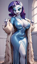 Size: 2400x4080 | Tagged: suggestive, ai content, derpibooru import, machine learning generated, rarity, anthro, unicorn, absolute cleavage, bedroom eyes, belly button, big breasts, breasts, cleavage, clothes, dress, female, fur coat, horn, image, jewelry, jpeg, looking at you, necklace, prompter:lotsofcaps, side slit, solo, solo female