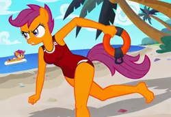 Size: 1216x832 | Tagged: safe, ai content, machine learning generated, stable diffusion, scootaloo, anthro, pegasus, baywatch, beach, buoy, busty scootaloo, determined, jpeg, one-piece swimsuit, palm tree, running, sexy, solo, sunbathing