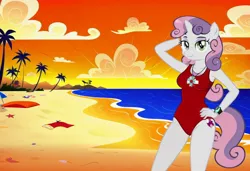 Size: 1216x832 | Tagged: safe, ai content, machine learning generated, stable diffusion, sweetie belle, anthro, unicorn, arm behind head, baywatch, beach, busty sweetie belle, flirty, hand on hip, jpeg, one-piece swimsuit, palm tree, seductive pose, sexy, smiling, solo, standing, sunset