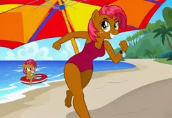 Size: 1216x832 | Tagged: safe, ai content, machine learning generated, stable diffusion, babs seed, anthro, earth pony, baywatch, beach, buoy, busty babs seed, flirty, grin, jpeg, one-piece swimsuit, palm tree, running, seductive pose, sexy, smiling, solo, sunbathing, umbrella