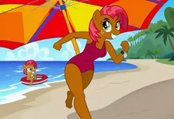 Size: 1216x832 | Tagged: safe, ai content, artist:nickeltempest, machine learning generated, stable diffusion, babs seed, anthro, earth pony, baywatch, beach, buoy, busty babs seed, flirty, grin, image, jpeg, one-piece swimsuit, palm tree, running, seductive pose, sexy, smiling, solo, sunbathing, umbrella