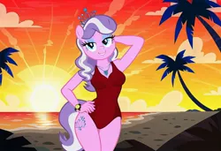 Size: 1216x832 | Tagged: safe, ai content, machine learning generated, stable diffusion, diamond tiara, anthro, earth pony, arm behind head, baywatch, beach, busty diamond tiara, flirty, hand on hip, image, jpeg, one-piece swimsuit, palm tree, seductive pose, sexy, smiling, solo, standing, stupid sexy diamond tiara, sunset