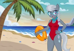 Size: 1216x832 | Tagged: safe, ai content, machine learning generated, stable diffusion, silver spoon, anthro, earth pony, baywatch, beach, buoy, busty silver spoon, flirty, hand on hip, jpeg, one-piece swimsuit, palm tree, seductive pose, sexy, smiling, solo, standing