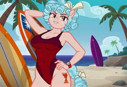 Size: 1216x832 | Tagged: safe, ai content, machine learning generated, stable diffusion, cozy glow, anthro, pegasus, arm behind head, baywatch, beach, busty cozy glow, flirty, hand on hip, jpeg, one-piece swimsuit, palm tree, seductive pose, sexy, smirk, solo, standing, surfboard