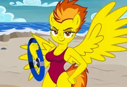 Size: 1216x832 | Tagged: safe, ai content, machine learning generated, stable diffusion, spitfire, anthro, pegasus, baywatch, beach, buoy, busty spitfire, flirty, jpeg, one-piece swimsuit, seductive pose, sexy, smirk, solo, standing, sunbathing, wonderbolts