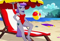 Size: 1216x832 | Tagged: safe, ai content, machine learning generated, stable diffusion, maud pie, anthro, earth pony, baywatch, beach, beach ball, beach towel, busty maud pie, flirty, hand on hip, hand on leg, jpeg, lawn chair, one-piece swimsuit, seductive pose, sexy, smiling, solo, standing, sunbathing, umbrella