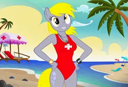 Size: 1216x832 | Tagged: safe, ai content, machine learning generated, stable diffusion, derpy hooves, anthro, pegasus, baywatch, beach, busty derpy hooves, flirty, hand on hip, jpeg, lawn chair, one-piece swimsuit, palm tree, seductive pose, sexy, smiling, solo, standing, sunbathing, umbrella, watch tower