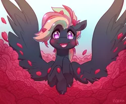 Size: 3000x2461 | Tagged: safe, artist:kaenn, derpibooru import, oc, oc:treading step, unofficial characters only, pegasus, pony, blushing, flower, front view, image, looking at you, open mouth, open smile, png, rose, smiling, smiling at you, solo, spread wings, wings