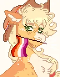 Size: 1080x1380 | Tagged: safe, artist:wanderingpegasus, derpibooru import, edit, applejack, earth pony, pony, bust, chest fluff, digital art, female, flag, g4, image, lesbian pride flag, mare, mouth hold, pixel art, png, portrait, pride, pride flag, pride month, simple background, smiling, solo