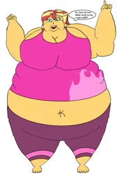 Size: 1024x1524 | Tagged: safe, artist:cartoonlover9000, derpibooru import, sunset shimmer, human, equestria girls, chubby cheeks, clothes, dialogue, fat, g4, image, morbidly obese, obese, png, simple background, slobset shimmer, solo, weight gain, white background