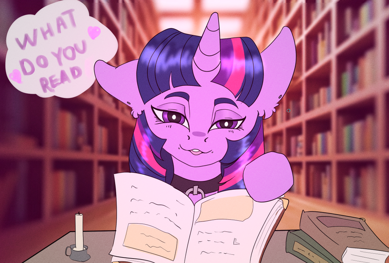 Size: 1121x760 | Tagged: safe, artist:heavenless, derpibooru import, twilight sparkle, pony, book, candle, choker, collar, female, g4, image, library, looking at you, mare, offscreen character, png, pov, solo, speech bubble, talking to viewer, that pony sure does love books