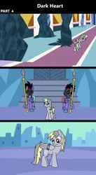 Size: 1920x3516 | Tagged: safe, artist:platinumdrop, derpibooru import, derpy hooves, crystal pony, pegasus, pony, comic:dark heart, 3 panel comic, abuse, alternate timeline, armor, bound wings, comic, commission, confused, crying, crystal, crystal castle, crystal empire, dark crystal, derpybuse, female, folded wings, freedom, g4, glow, glowing eyes, guard, happy, helmet, image, looking at something, mare, mask, mind control, older, older derpy hooves, png, scrunchy face, smiling, sombra soldier, spear, tears of joy, throne room, walking, walking away, weapon, wing cuffs, wings