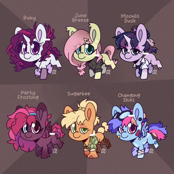 Size: 1500x1500 | Tagged: safe, artist:lionbun, derpibooru import, applejack, fluttershy, pinkie pie, rainbow dash, rarity, twilight sparkle, earth pony, pegasus, pony, unicorn, base used, chibi, clothes, cute, earth pony fluttershy, goggles, heterochromia, horn, image, mane six, pegasus pinkie pie, png, race swap, redesign, shirt, sweater, turtleneck