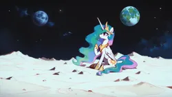 Size: 1280x720 | Tagged: safe, ai content, anonymous prompter, derpibooru import, machine learning generated, stable diffusion, princess celestia, generator:pony diffusion v6 xl, image, on the moon, png, sitting, wait what