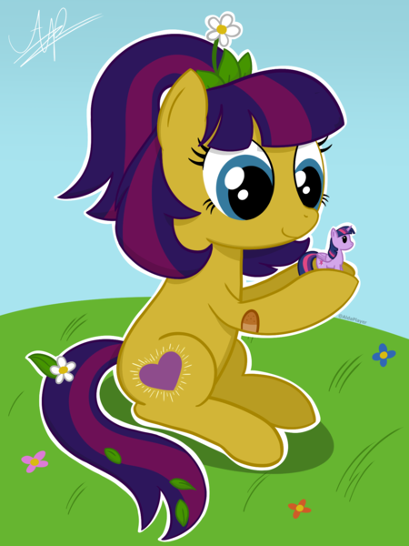 Size: 1500x2000 | Tagged: safe, artist:aldaplayer, derpibooru import, twilight sparkle, twilight sparkle (alicorn), alicorn, earth pony, blue eyes, female, flower, flower in hair, heart, image, maggie joy, png, smiling