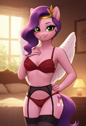 Size: 832x1216 | Tagged: suggestive, ai content, derpibooru import, machine learning generated, prompter:ponyparodycontent, pipp petals, anthro, pegasus, g5, adorapipp, clothes, cute, garter belt, image, jpeg, socks, stockings, thigh highs