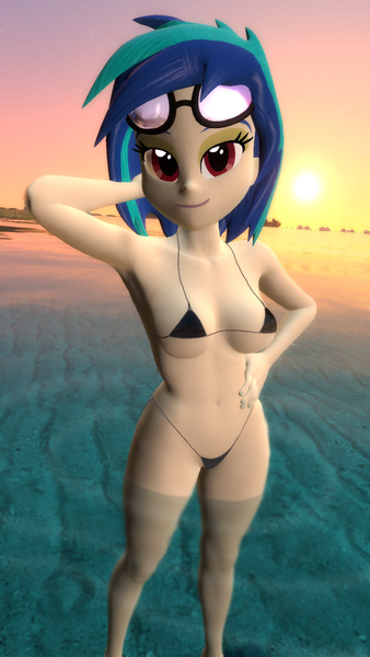 Size: 1080x1920 | Tagged: suggestive, artist:oatmeal!, derpibooru import, vinyl scratch, human, equestria girls, 3d, bedroom eyes, belly button, bikini, breasts, clothes, g4, gmod, hand on head, hand on hip, image, legs in the water, looking at you, micro bikini, ocean, partially submerged, png, sexy, solo, sunglasses, sunglasses on head, sunset, swimsuit, water