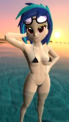 Size: 1080x1920 | Tagged: suggestive, artist:oatmeal!, derpibooru import, vinyl scratch, human, equestria girls, 3d, bedroom eyes, belly button, bikini, breasts, clothes, g4, gmod, hand on head, hand on hip, image, legs in the water, looking at you, micro bikini, ocean, partially submerged, png, sexy, solo, sunglasses, sunglasses on head, sunset, swimsuit, water