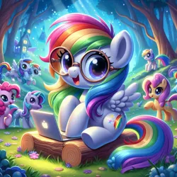 Size: 1024x1024 | Tagged: prompter needed, safe, ai content, derpibooru import, machine learning generated, fluttershy, pinkie pie, rainbow dash, earth pony, pegasus, apple, apple (company), computer, copilot (bing), food, forest, generator:dall-e 3, glasses, image, laptop computer, looking at you, macbook, nature, open mouth, png, self paradox, self ponidox, sitting, tree