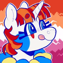 Size: 500x500 | Tagged: safe, artist:beyhr, derpibooru import, oc, oc:wow factor, unofficial characters only, pony, unicorn, :p, bangs, beanbrows, blue eyes, blushing, bust, clown makeup, colored eyebrows, ear fluff, eyebrows, eyebrows visible through hair, female, flag background, horn, icon, image, jpeg, lesbian pride flag, mare, outline, ponysona, pride, pride flag, pride month, profile picture, ruffles, shiny eyes, short mane, smiling, tongue out, two toned mane, unicorn horn, unicorn oc, white coat, wingding eyes