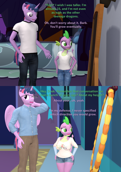 Size: 1520x2160 | Tagged: suggestive, artist:papadragon69, derpibooru import, spike, twilight sparkle, alicorn, anthro, dragon, unicorn, 3d, barb, breasts, busty barb, clothes, comic, denim, duo, duo male and female, dusk shine, female, glasses, height difference, horn, image, jeans, male, mirror, older, older barb, older spike, pants, png, puberty, rule 63, shortstack, source filmmaker, teenage barb, teenage spike, teenaged dragon, teenager, time skip