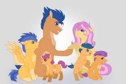 Size: 1095x730 | Tagged: safe, artist:fluffy-fillies, derpibooru import, first base, flash sentry, scootaloo, tender taps, oc, oc:blossoming peony, oc:sentinel shield, earth pony, pegasus, pony, alternate universe, blank flank, brother and sister, brothers, coat markings, colored wings, colt, earth pony oc, family, father and child, father and daughter, father and son, female, filly, foal, headcanon, holding hooves, image, jpeg, male, mare, mother and child, mother and daughter, mother and son, oc x oc, pegasus oc, shipping, siblings, socks (coat marking), stallion, straight, triplets, wings