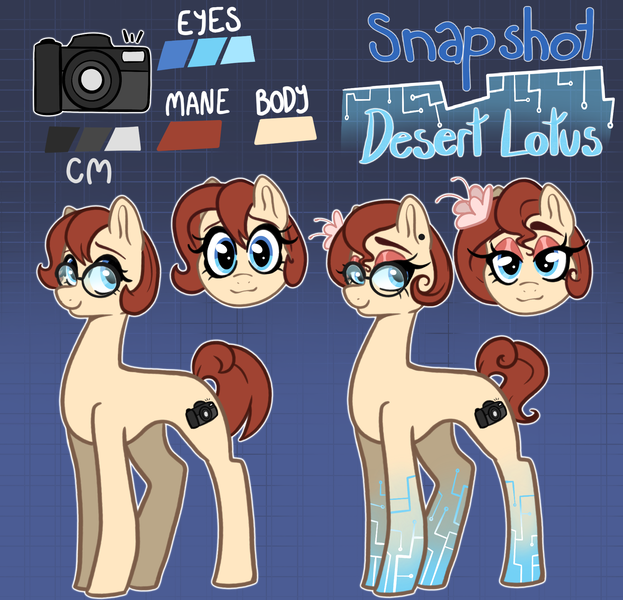 Size: 1811x1743 | Tagged: safe, artist:smirk, derpibooru import, oc, oc:desert lotus, oc:snapshot, unofficial characters only, cyborg, earth pony, pony, abstract background, camera, cyberpunk, female, flower, glasses, gradient background, image, mare, png, reference sheet, science fiction, setting: neo somnambula, solo