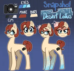 Size: 1811x1743 | Tagged: safe, artist:smirk, derpibooru import, oc, oc:desert lotus, oc:snapshot, unofficial characters only, cyborg, earth pony, pony, abstract background, camera, cyberpunk, female, flower, glasses, gradient background, image, mare, png, reference sheet, science fiction, setting: neo somnambula, solo