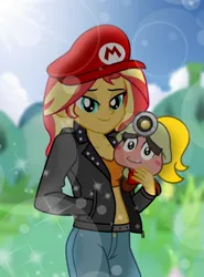 Size: 370x500 | Tagged: safe, artist:emeraldblast63, derpibooru import, sunset shimmer, human, equestria girls, cap, crossover, duo, duo female, female, g4, goomba, goombella, hat, image, lens flare, lidded eyes, looking at you, mario's hat, midriff, paper mario: the thousand year door, png, smiling, sparkles, super mario bros.