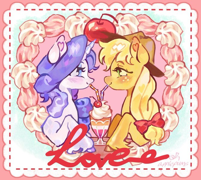 Size: 1200x1074 | Tagged: safe, artist:applepums, derpibooru import, applejack, rarity, pony, abstract background, applejack's hat, blonde mane, blue eyes, blue eyeshadow, blushing, bow, brown hooves, bust, cherry, colored, colored hooves, colored pinnae, cowboy hat, cursive writing, drink, duo, duo female, eyelashes, eyeshadow, facing each other, female, fetlock tuft, food, freckles, frosting, g4, green eyes, hair bow, hat, heart ears, horn, image, jpeg, lesbian, lesbian pride flag, lidded eyes, long mane, looking at each other, looking at someone, makeup, mare, milkshake, orange coat, postcard, pride, pride flag, profile, purple hooves, purple mane, rarijack, red bow, red text, sharing a drink, shiny coat, shiny mane, shipping, signature, smiling, smiling at each other, text, tied mane, unicorn horn, unshorn fetlocks, white coat