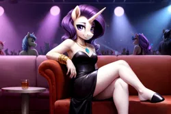 Size: 720x480 | Tagged: safe, ai content, derpibooru import, machine learning generated, prompter:dordrago, rarity, anthro, unicorn, black dress, bracelet, breasts, clothes, club, couch, dress, drink, female, g4, horn, image, jewelry, lights, necklace, png, reasonably sized breasts, ring, sitting, smiling, stupid sexy rarity, table