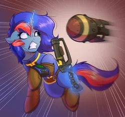 Size: 3152x2968 | Tagged: safe, artist:witchtaunter, derpibooru import, oc, oc:ryo, unofficial characters only, pony, unicorn, atomic bomb, clothes, commission, fallout, female, gun, horn, image, magic, mare, nuclear weapon, png, solo, weapon