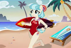 Size: 1216x832 | Tagged: safe, ai content, machine learning generated, stable diffusion, coco pommel, anthro, earth pony, baywatch, beach, busty coco pommel, jpeg, lawn chair, one-piece swimsuit, palm tree, running, sexy, smiling, solo, sunbathing, surfboard