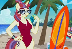 Size: 1216x832 | Tagged: safe, ai content, artist:nickeltempest, machine learning generated, stable diffusion, moondancer, anthro, unicorn, baywatch, beach, buoy, busty moondancer, flirty, hand on hip, image, jpeg, one-piece swimsuit, palm tree, seductive pose, sexy, smiling, solo, standing, sunbathing, surfboard