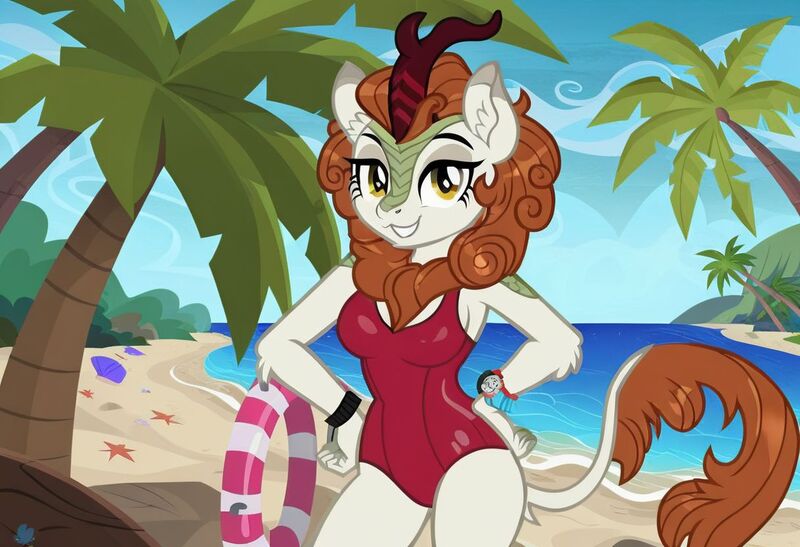 Size: 1216x832 | Tagged: safe, ai content, artist:nickeltempest, machine learning generated, stable diffusion, autumn blaze, anthro, kirin, baywatch, beach, buoy, busty autumn blaze, flirty, hand on hip, image, jpeg, one-piece swimsuit, palm tree, seductive pose, sexy, smiling, solo, standing, sunbathing