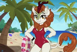 Size: 1216x832 | Tagged: safe, ai content, machine learning generated, stable diffusion, autumn blaze, anthro, kirin, baywatch, beach, buoy, busty autumn blaze, flirty, hand on hip, jpeg, one-piece swimsuit, palm tree, seductive pose, sexy, smiling, solo, standing, sunbathing