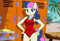 Size: 1216x832 | Tagged: safe, ai content, machine learning generated, stable diffusion, bon bon, sweetie drops, anthro, earth pony, baywatch, beach, bench, busty bon bon, changing room, flirty, hand on hip, jpeg, lockers, one-piece swimsuit, palm tree, seductive pose, sexy, smiling, solo, standing, sunbathing