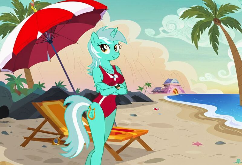 Size: 1216x832 | Tagged: safe, ai content, machine learning generated, stable diffusion, lyra heartstrings, anthro, unicorn, baywatch, beach, busty lyra heartstrings, crossed arms, flirty, jpeg, lawn chair, one-piece swimsuit, palm tree, seductive pose, sexy, smiling, solo, standing, sunbathing, umbrella, watch tower